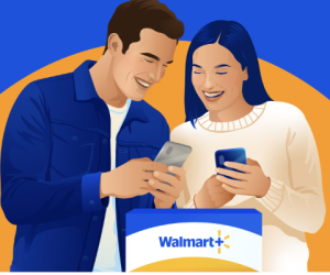 graphic of man and woman looking at their phones over a Walmart box